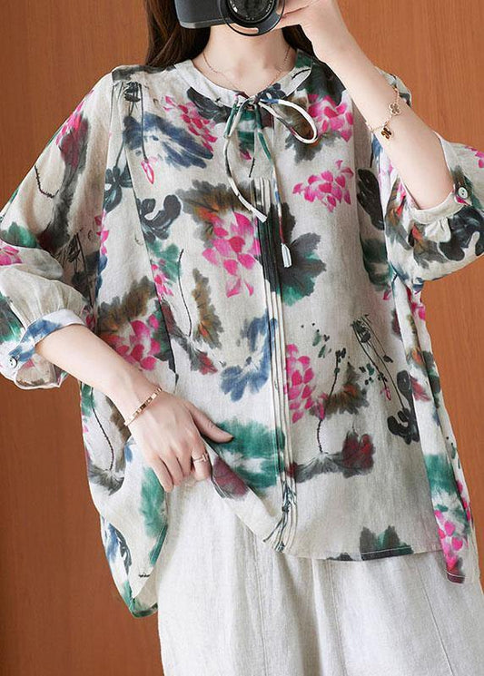 Stylish Beige Print tie Shirts Summer Cotton - SooLinen