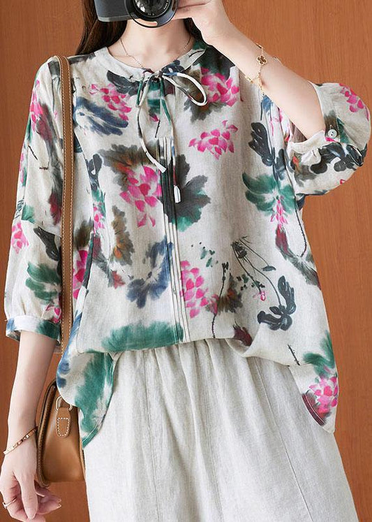 Stylish Beige Print tie Shirts Summer Cotton - SooLinen