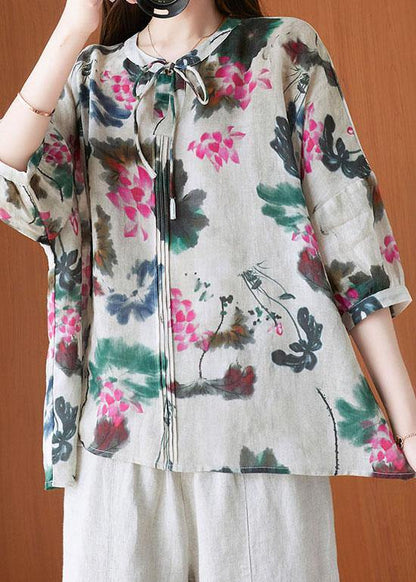 Stylish Beige Print tie Shirts Summer Cotton - SooLinen