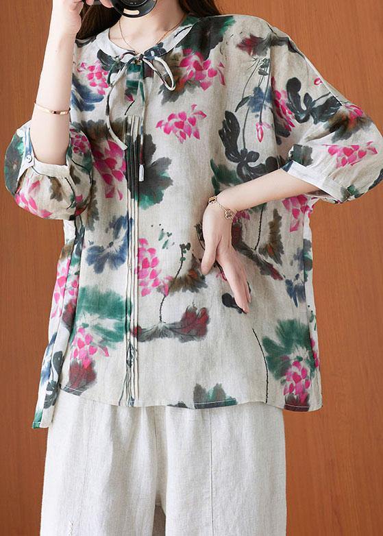 Stylish Beige Print tie Shirts Summer Cotton - SooLinen