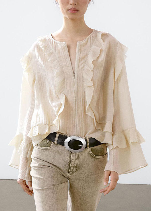 Camisa elegante beige con volantes, patchwork, cremallera y mangas acampanadas