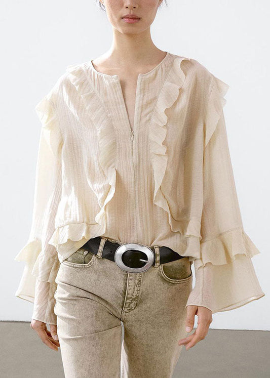 Camisa elegante beige con volantes, patchwork, cremallera y mangas acampanadas