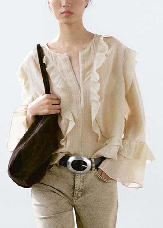 Camisa elegante beige con volantes, patchwork, cremallera y mangas acampanadas