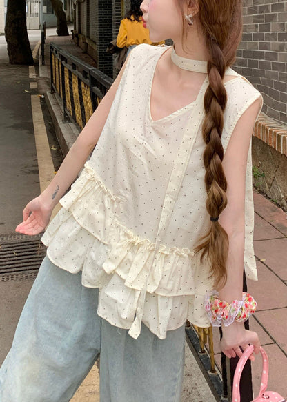 Elegante top de tirantes de algodón con estampado de volantes en beige sin mangas