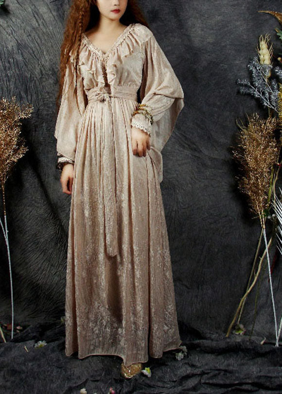 Stilvolle Beige V-Ausschnitt Rüschen Patchwork Seide Velour Cinch Kleid Frühling