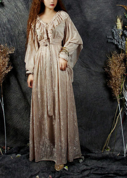 Stilvolle Beige V-Ausschnitt Rüschen Patchwork Seide Velour Cinch Kleid Frühling