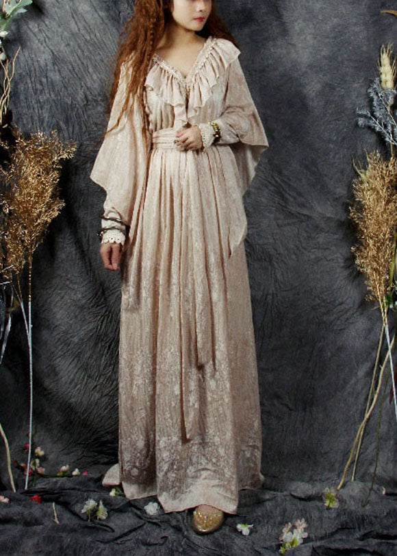 Stilvolle Beige V-Ausschnitt Rüschen Patchwork Seide Velour Cinch Kleid Frühling