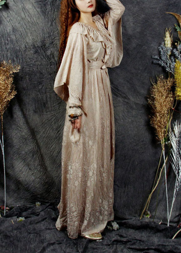 Stilvolle Beige V-Ausschnitt Rüschen Patchwork Seide Velour Cinch Kleid Frühling