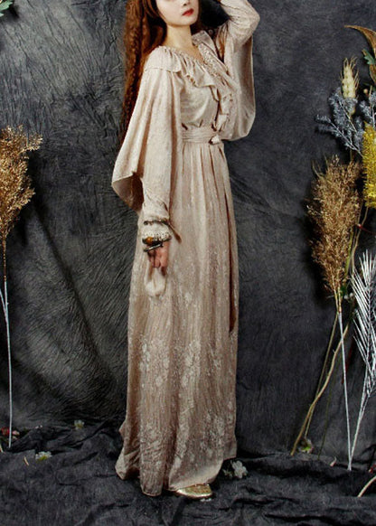 Stilvolle Beige V-Ausschnitt Rüschen Patchwork Seide Velour Cinch Kleid Frühling