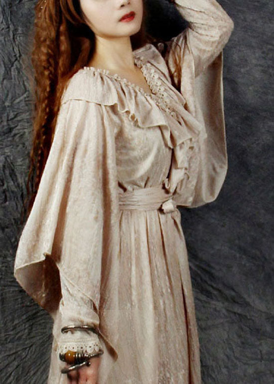 Stilvolle Beige V-Ausschnitt Rüschen Patchwork Seide Velour Cinch Kleid Frühling
