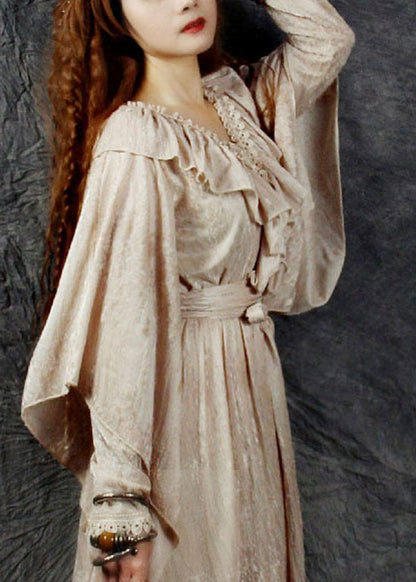 Stilvolle Beige V-Ausschnitt Rüschen Patchwork Seide Velour Cinch Kleid Frühling