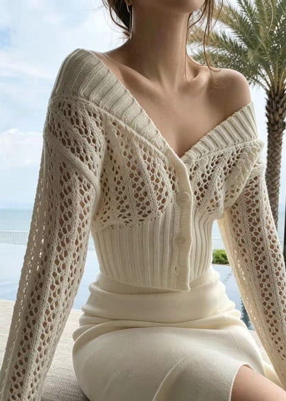 Stylish Beige White Cold Shoulder Hollow Out Knit Cardigan Fall