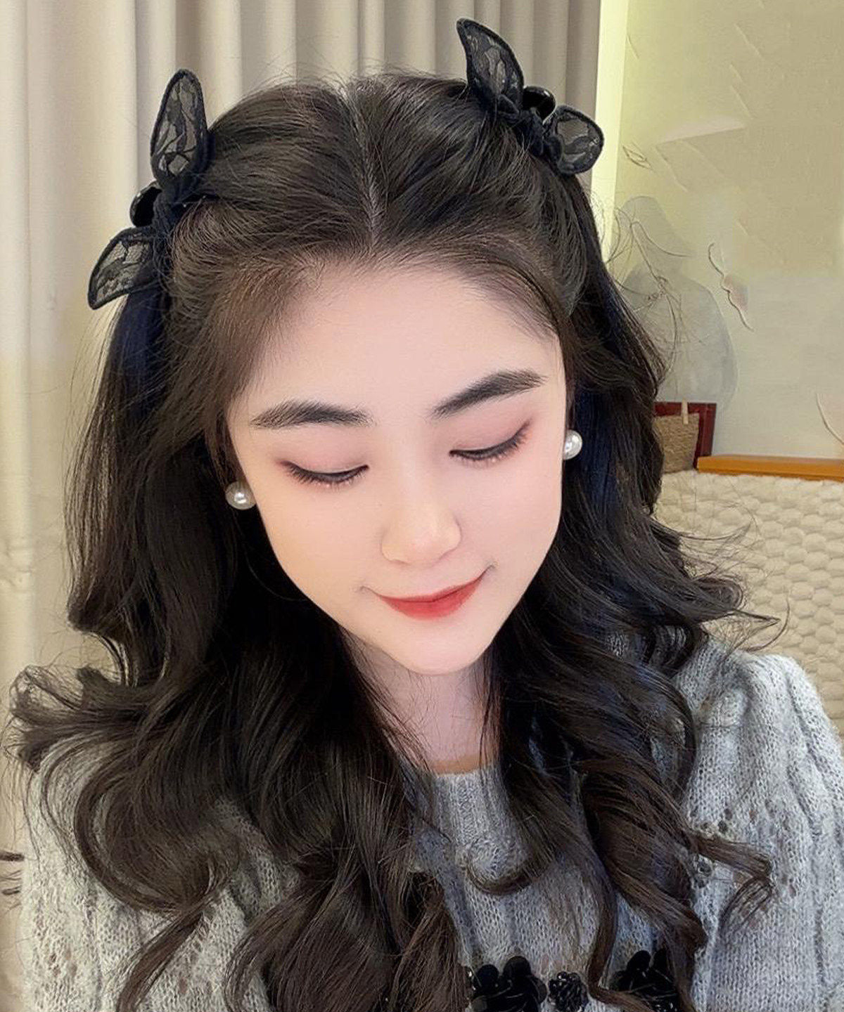 Stylish Black Alloy Lace Bow A Pair Hairpin