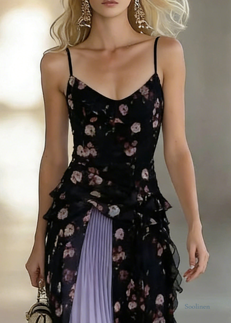 Stylish Black Asymmetrical Chiffon Spaghetti Strap Dress And Purple Pleated Skirt Two Pieces Set Sleeveless