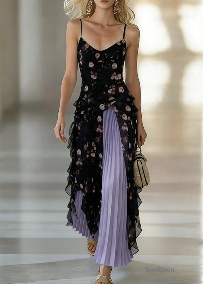 Stylish Black Asymmetrical Chiffon Spaghetti Strap Dress And Purple Pleated Skirt Two Pieces Set Sleeveless