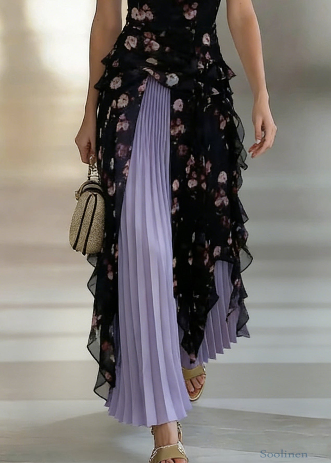 Stylish Black Asymmetrical Chiffon Spaghetti Strap Dress And Purple Pleated Skirt Two Pieces Set Sleeveless