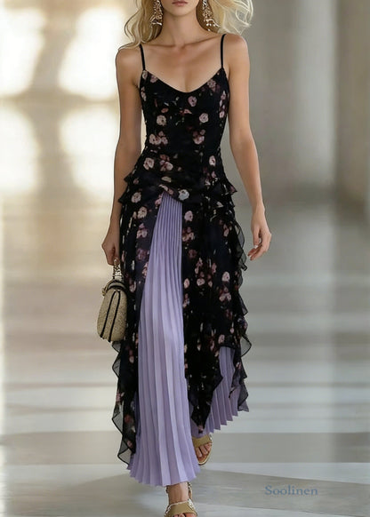 Stylish Black Asymmetrical Chiffon Spaghetti Strap Dress And Purple Pleated Skirt Two Pieces Set Sleeveless