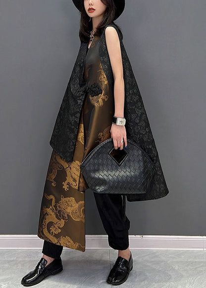Stilvolle Schwarze Asymmetrische Patchwork Jacquard Seide Chinesischen Stil Westen Ärmellose