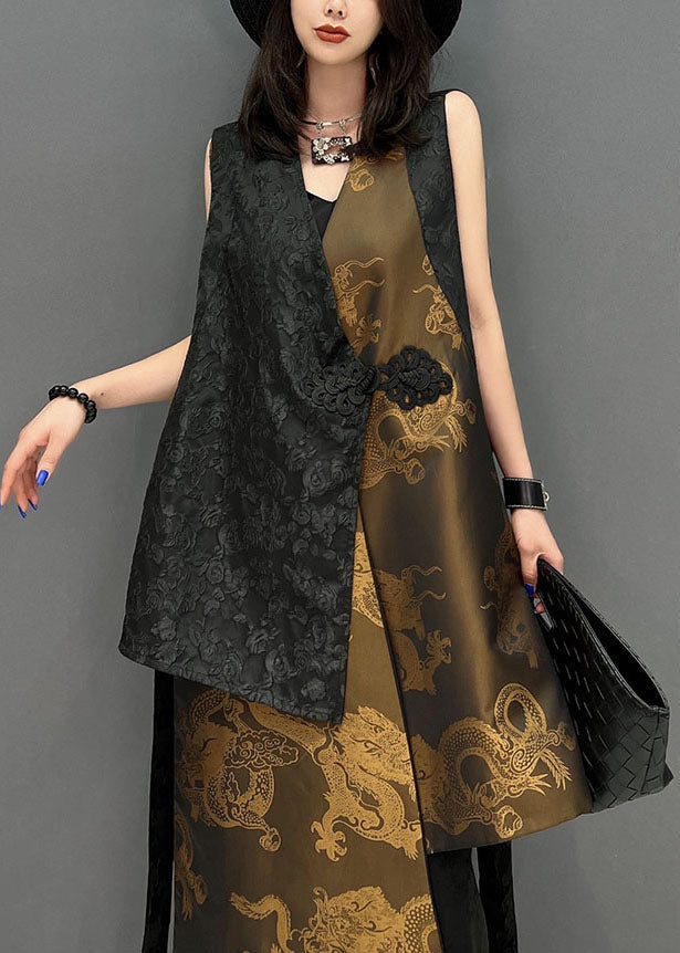 Stilvolle Schwarze Asymmetrische Patchwork Jacquard Seide Chinesischen Stil Westen Ärmellose