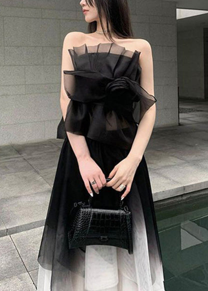 Stilvolles schwarzes asymmetrisches Patchwork-Tüll-Zweiteiler-Outfit für den Sommer