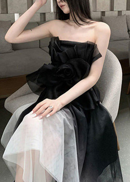 Stilvolles schwarzes asymmetrisches Patchwork-Tüll-Zweiteiler-Outfit für den Sommer