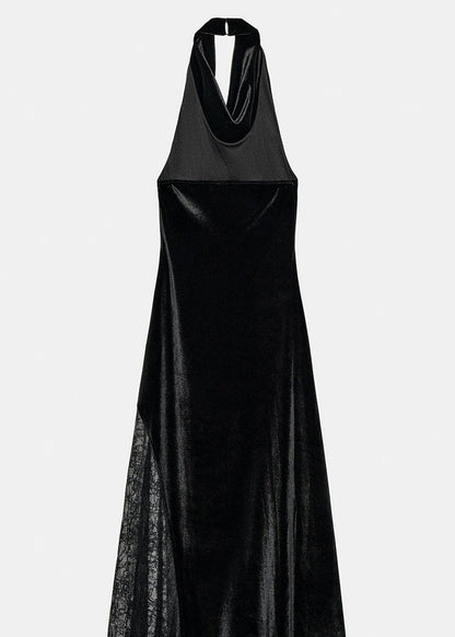 Stylish Black Backless Halter Velvet Long Dresses Sleeveless