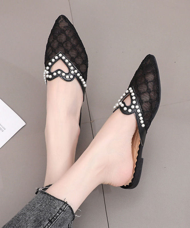 Stilvolle schwarze atmungsaktive Mesh Splicing Slide Sandalen Nail Bead