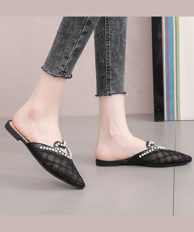 Stilvolle schwarze atmungsaktive Mesh Splicing Slide Sandalen Nail Bead