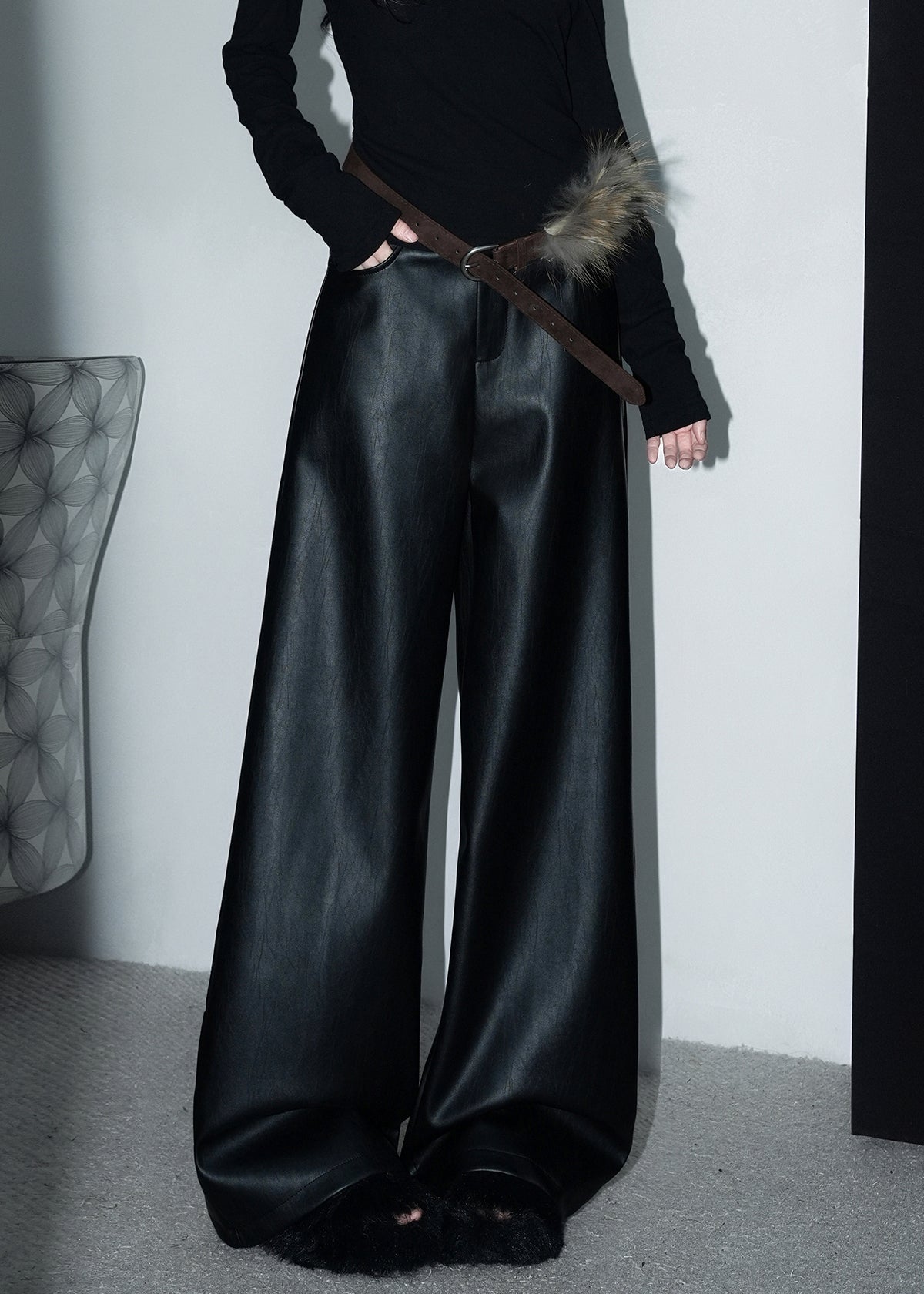 Stylish Black Button Pockets Faux Leather Wide Leg Pants Spring