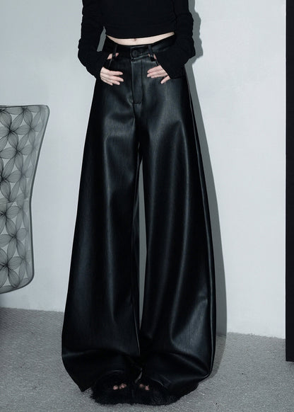 Stylish Black Button Pockets Faux Leather Wide Leg Pants Spring