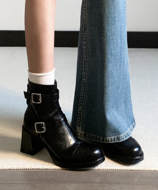 Stylish Black Cowhide Leather Splicing Chunky Heel Boots