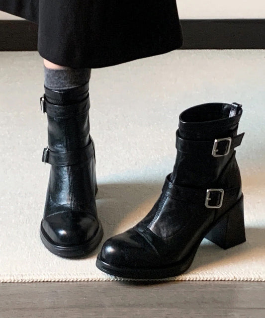 Stylish Black Cowhide Leather Splicing Chunky Heel Boots