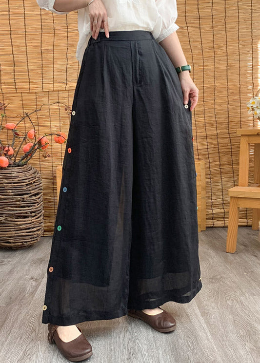 Pantalones anchos de lino liso con cintura elástica y botones negros elegantes para verano