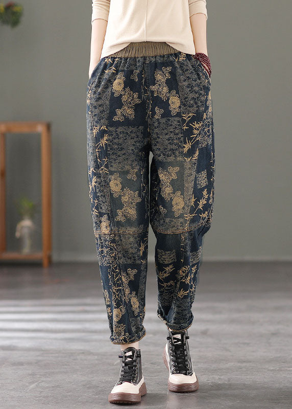 Stilvolle schwarze elastische Taille Print warme Fleecehose Winter