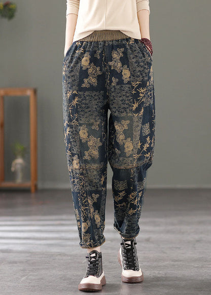 Stilvolle schwarze elastische Taille Print warme Fleecehose Winter