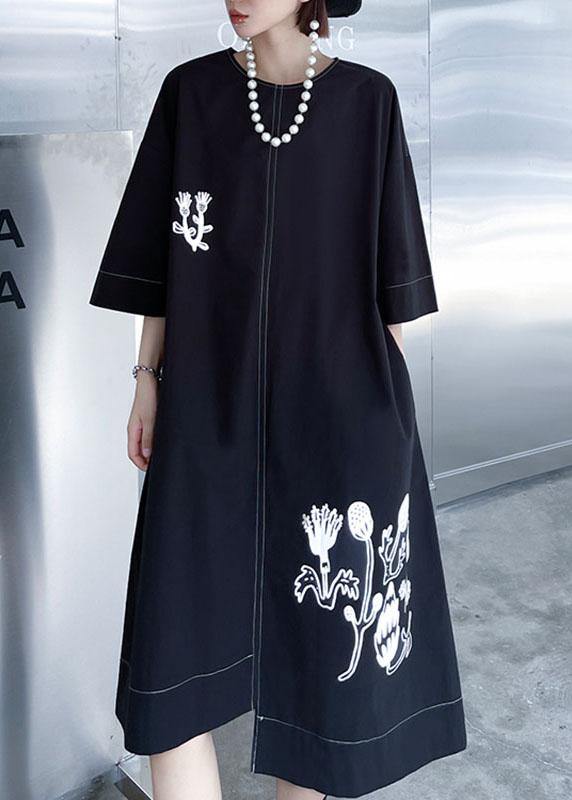Stylish Black Embroideried Button Asymmetrical Design Fall Long sleeve Dresses - SooLinen