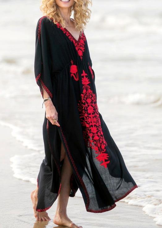 Stylish Black Embroideried Long sleeve kimono robe Maxi  Summer - SooLinen