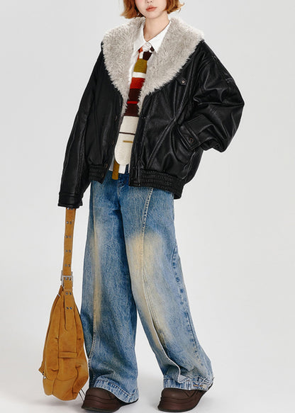 Abrigos de invierno de piel sintética con cuello de piel sintética negra y relleno de algodón fino.