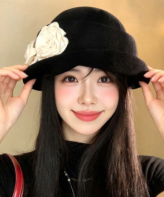 Stylish Black Floral Versatile Knit Beret Hat