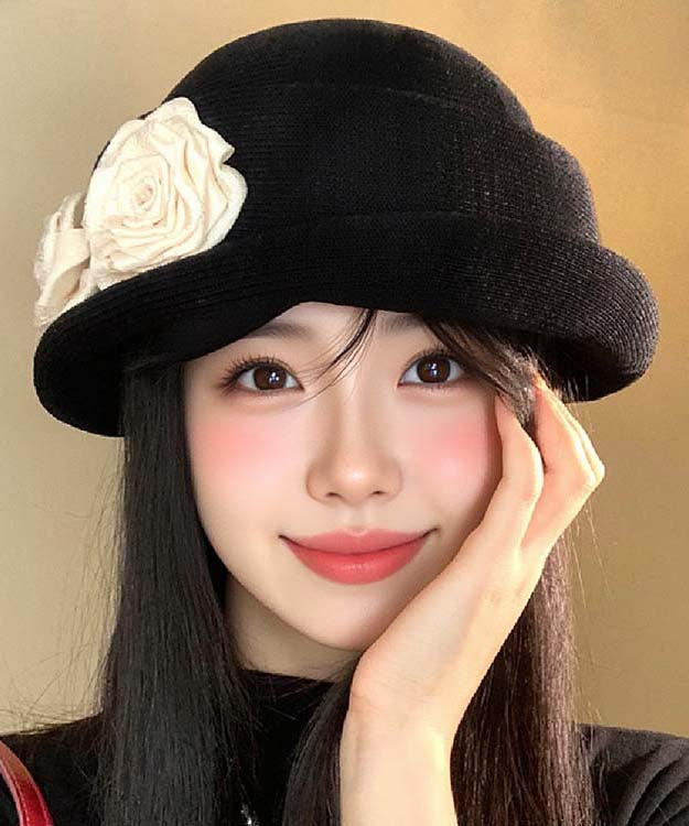Stylish Black Floral Versatile Knit Beret Hat