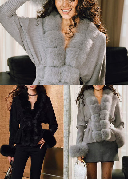 Stylish Black Fox Fur Patchwork Wool Knit Cardigan Winter