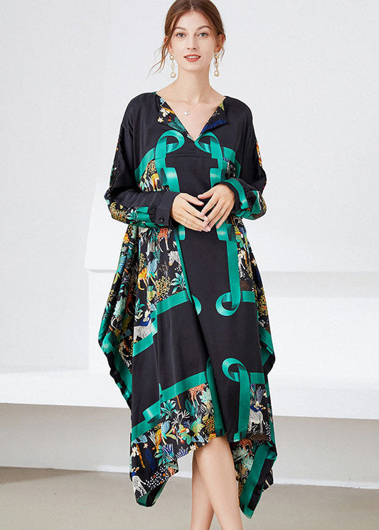 Stilvolle Schwarz Grün Asymmetrische Print Satin Maxi Kleid Frühling