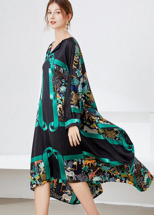 Stilvolle Schwarz Grün Asymmetrische Print Satin Maxi Kleid Frühling