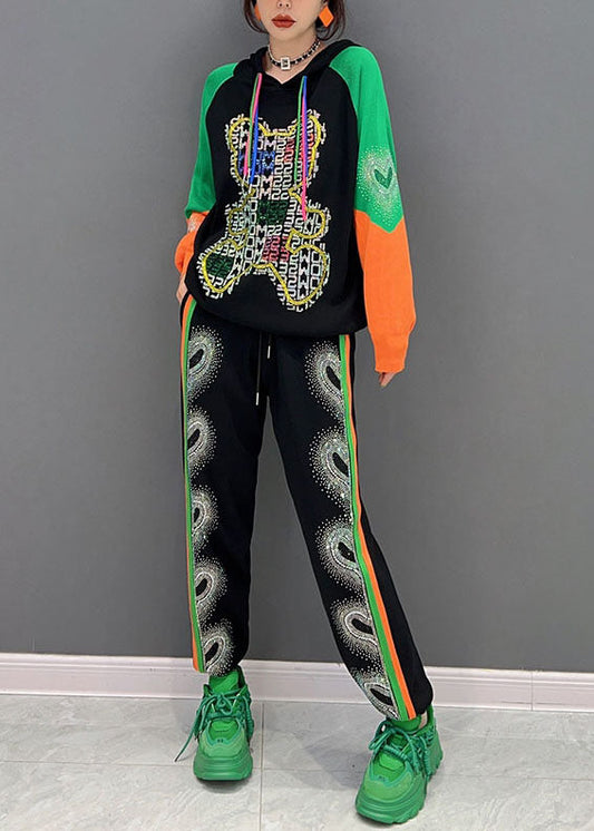 Stilvolle Schwarze Kapuze Kordelzug Patchwork Print Baumwolle 2 Stück Outfit Frühling