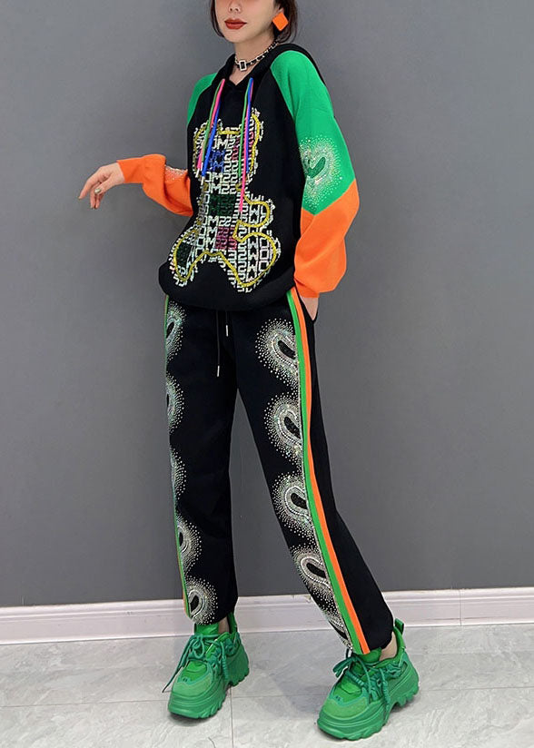 Stilvolle Schwarze Kapuze Kordelzug Patchwork Print Baumwolle 2 Stück Outfit Frühling