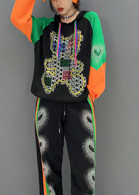 Stilvolle Schwarze Kapuze Kordelzug Patchwork Print Baumwolle 2 Stück Outfit Frühling