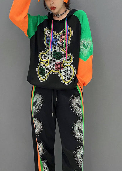Stilvolle Schwarze Kapuze Kordelzug Patchwork Print Baumwolle 2 Stück Outfit Frühling