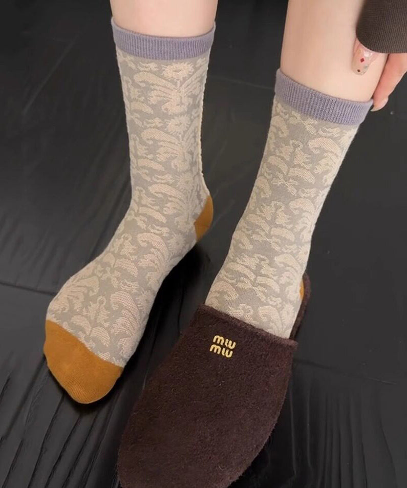 Stylish Black Jacquard Cotton Mid Calf Socks