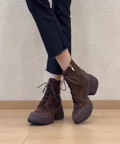 Stylish Black Lace Up Side Zipper Platform Suede Splicing Ankle Boots