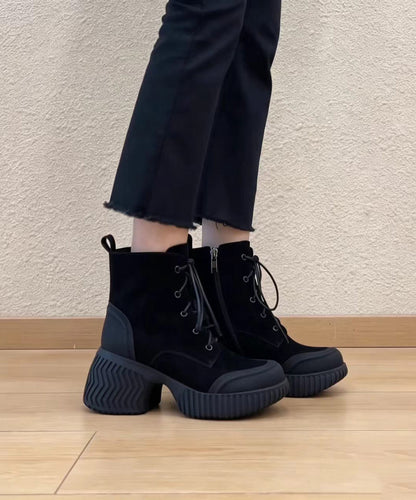 Stylish Black Lace Up Side Zipper Platform Suede Splicing Ankle Boots
